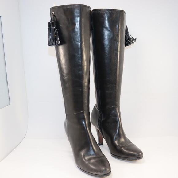 Cole Haan Black Leather Tall Boots Tassel Zip Women’s 8.5 B Heels - Picture 1 of 6